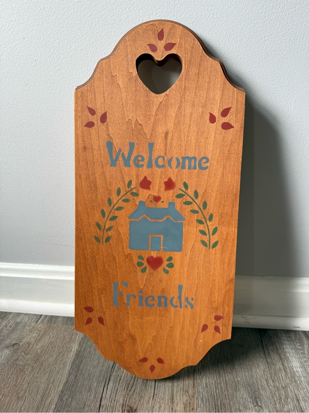 Welcome Friends Wooden Heart Sign Decor Blue Red Cottage Core Farmhouse Decor - Picture 2 of 5